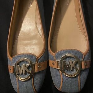 Michael Kors Denim and Tan Leather Trim Logo Ballet Flats